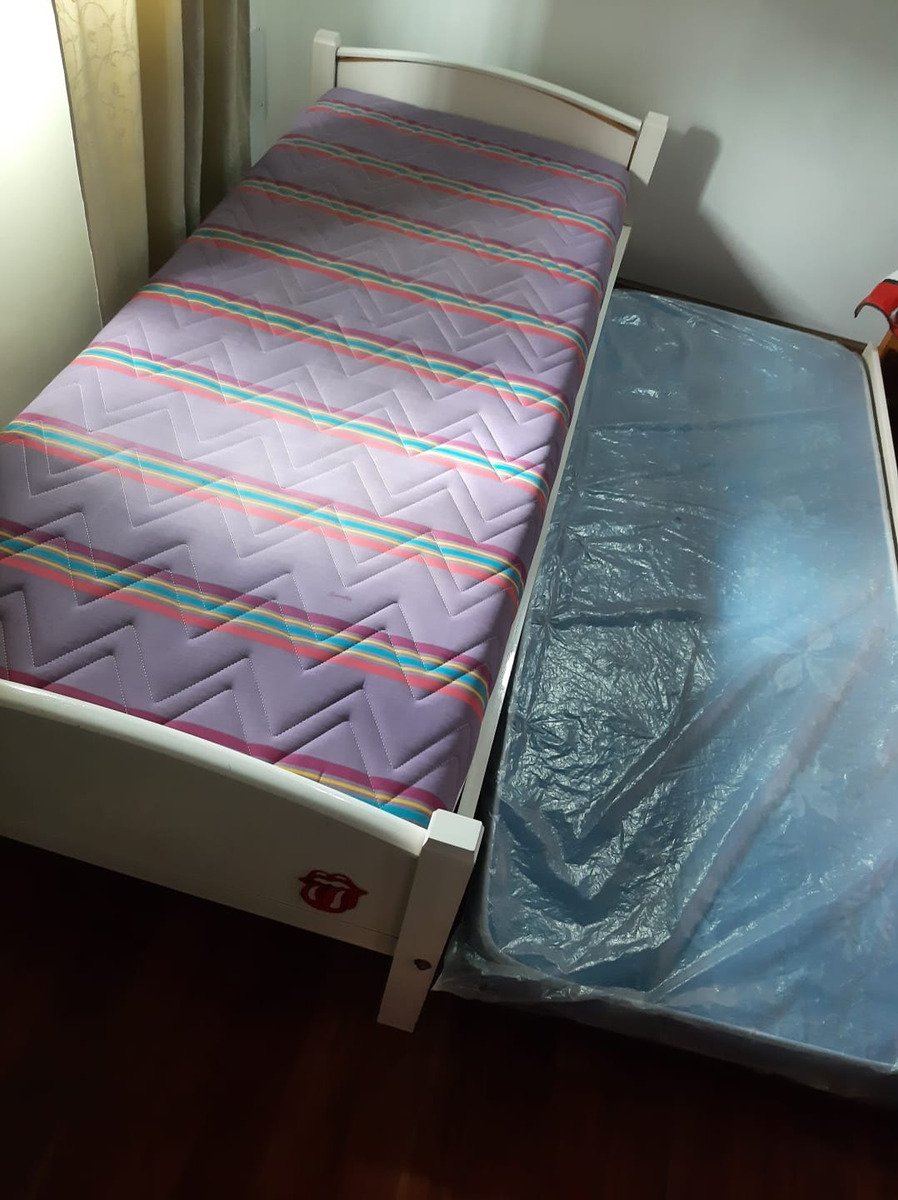 Cama De Madera Pintada Blanca 1 Plaza Con Carrito Corrediso Blanco Cama Con Carrito - Imagen 3