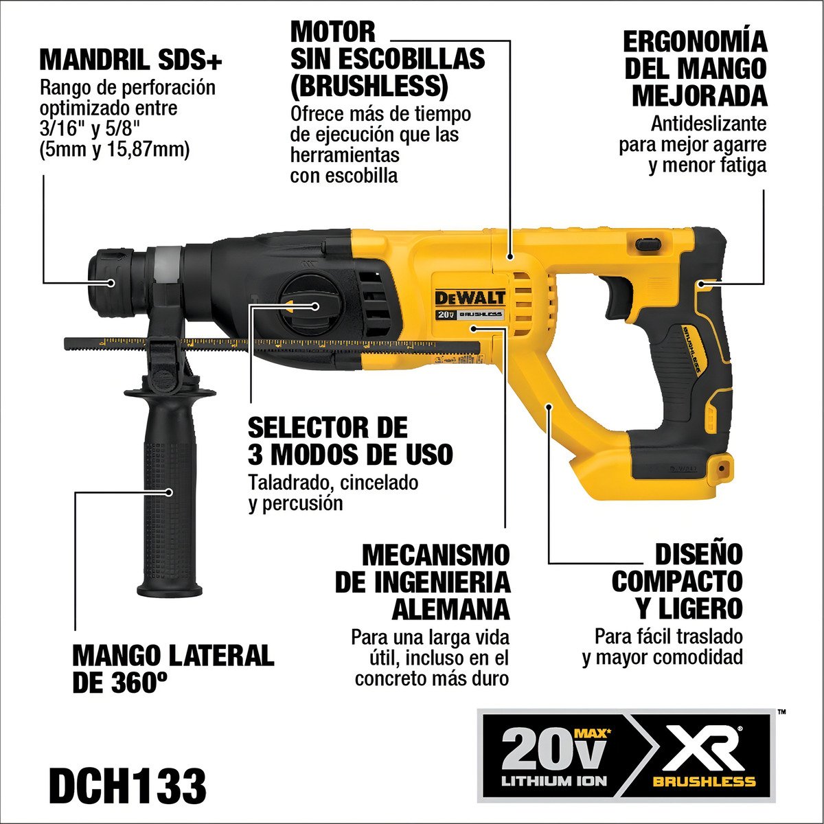 Rotomartillo Electroneumático Dewalt Dch133b Inalámbrico Amarillo Y Negro Con 20w De Potencia Amarillo/negro - Imagen 4