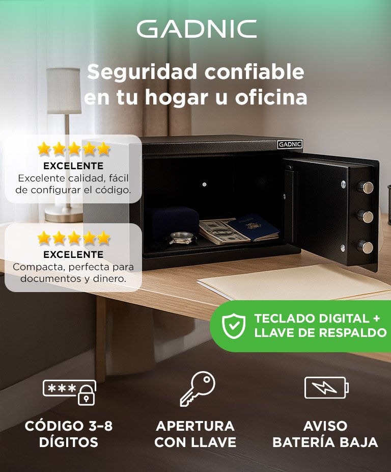 Caja Fuerte Gadnic Electronica 31x20x20 Cm Puerta 2.5 Mm Cuerpo 1.5 Mm Codigo 3 A 8 Digitos Pernos Acero Negro - Imagen 2