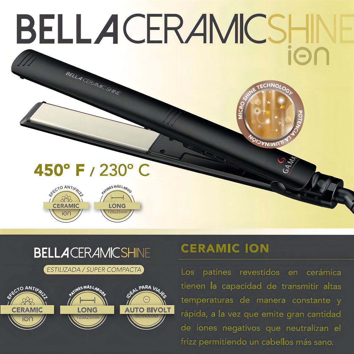 Planchita De Pelo Ga.ma Italy Elegance Bella Shine Ceramic Ion Negra Negro - Imagen 3