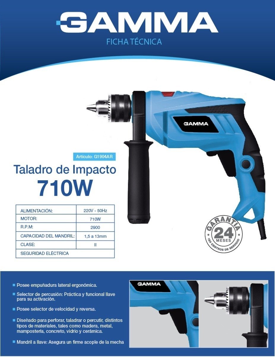 Taladro Percutor 710w 13mm Gamma Accesorios Maletín G1904kar Celeste 50 Hz - Imagen 3