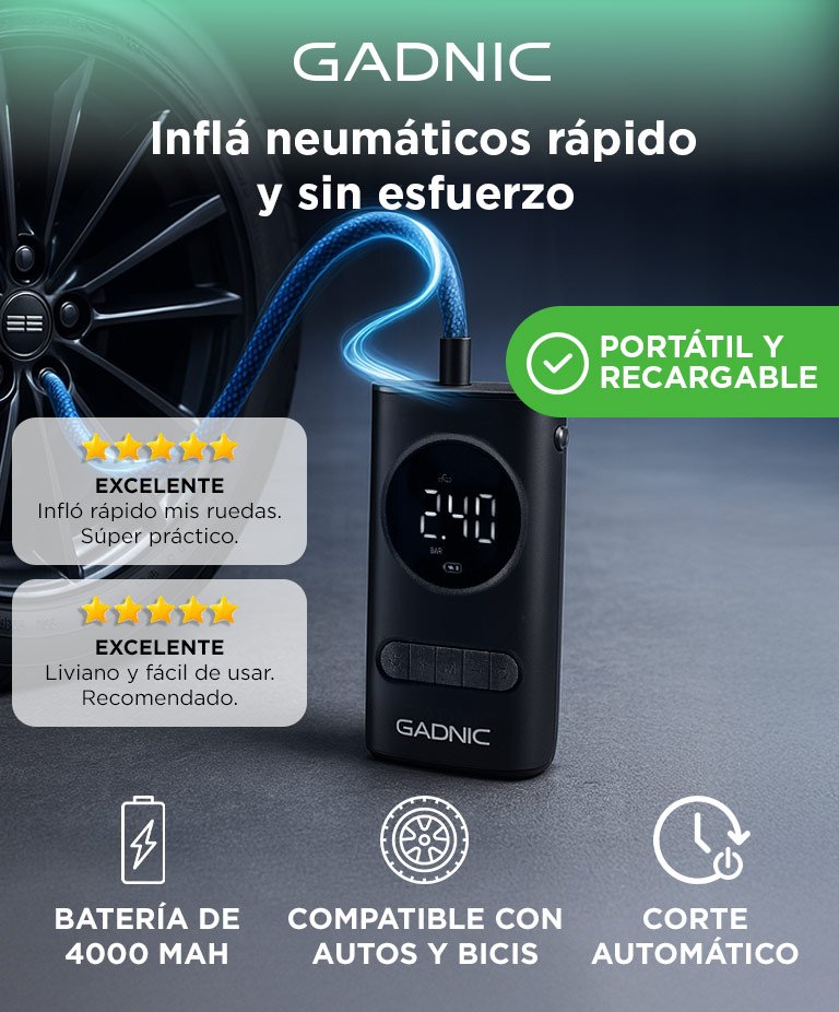 Inflador De Neumaticos Inalambrico Mini Recargable Gadnic Compresor De Aire Portatil 150 Psi Pantalla Digital Compacto Boquillas Incluidas - Imagen 2