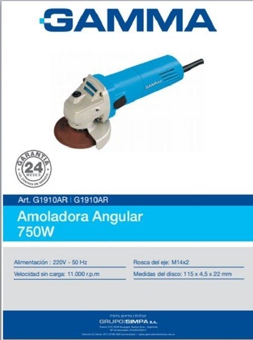 Amoladora Angular Gamma G1910ar 115mm 750 Watts Color Celeste Frecuencia 50 Hz - Imagen 5