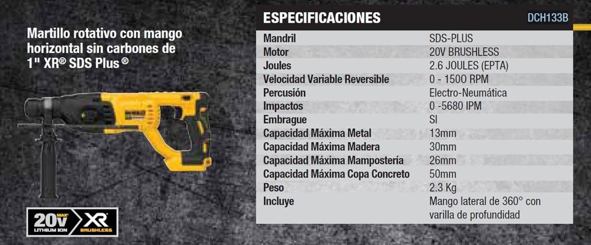 Rotomartillo Electroneumático Dewalt Dch133b Inalámbrico Amarillo Y Negro Con 20w De Potencia Amarillo/negro - Imagen 3