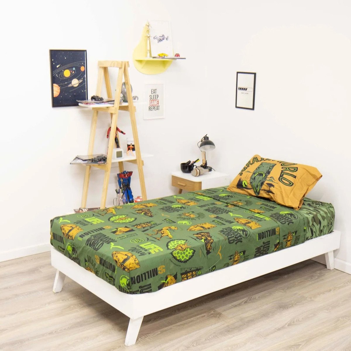 Juego De Sabanas Piñata 1 1/2 Plaza Jurassic World Verde Oscuro Estampado - Imagen 2