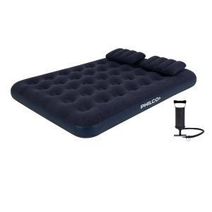 Colchon Inflable Philco 2 Plazas Con Inflador Camping 191x137x22 Cm Azul + 2 Almohadas