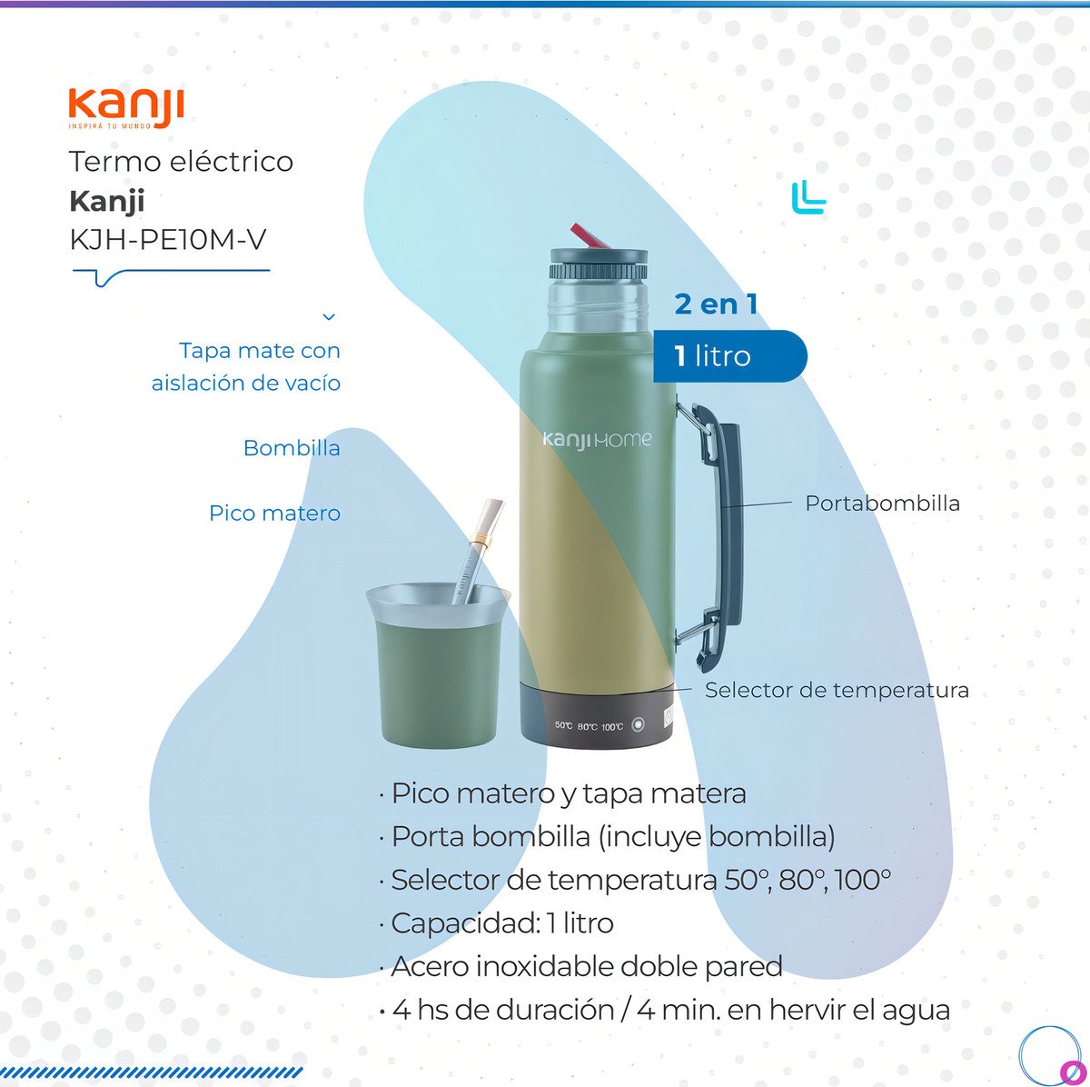 Termo Eléctrico T-mate 1 Litro Tapa Mate Y Bombilla Color Verde Kanjihome - Imagen 7