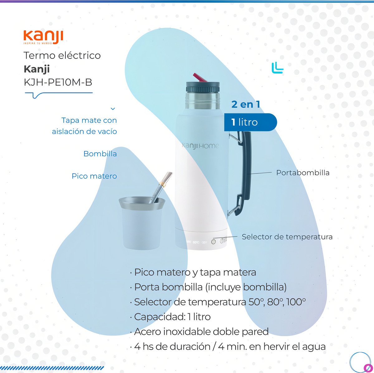 Termo Eléctrico T-mate 1 Litro Tapa Mate Y Bombilla Color Blanco Kanjihome - Imagen 7