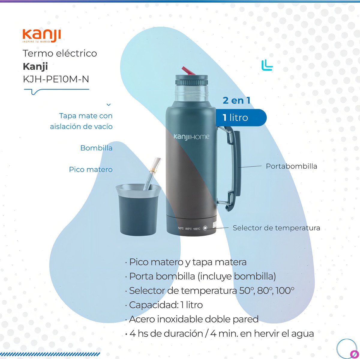 Termo Eléctrico T-mate 1 Litro Tapa Mate Y Bombilla Color Negro Kanjihome - Imagen 7