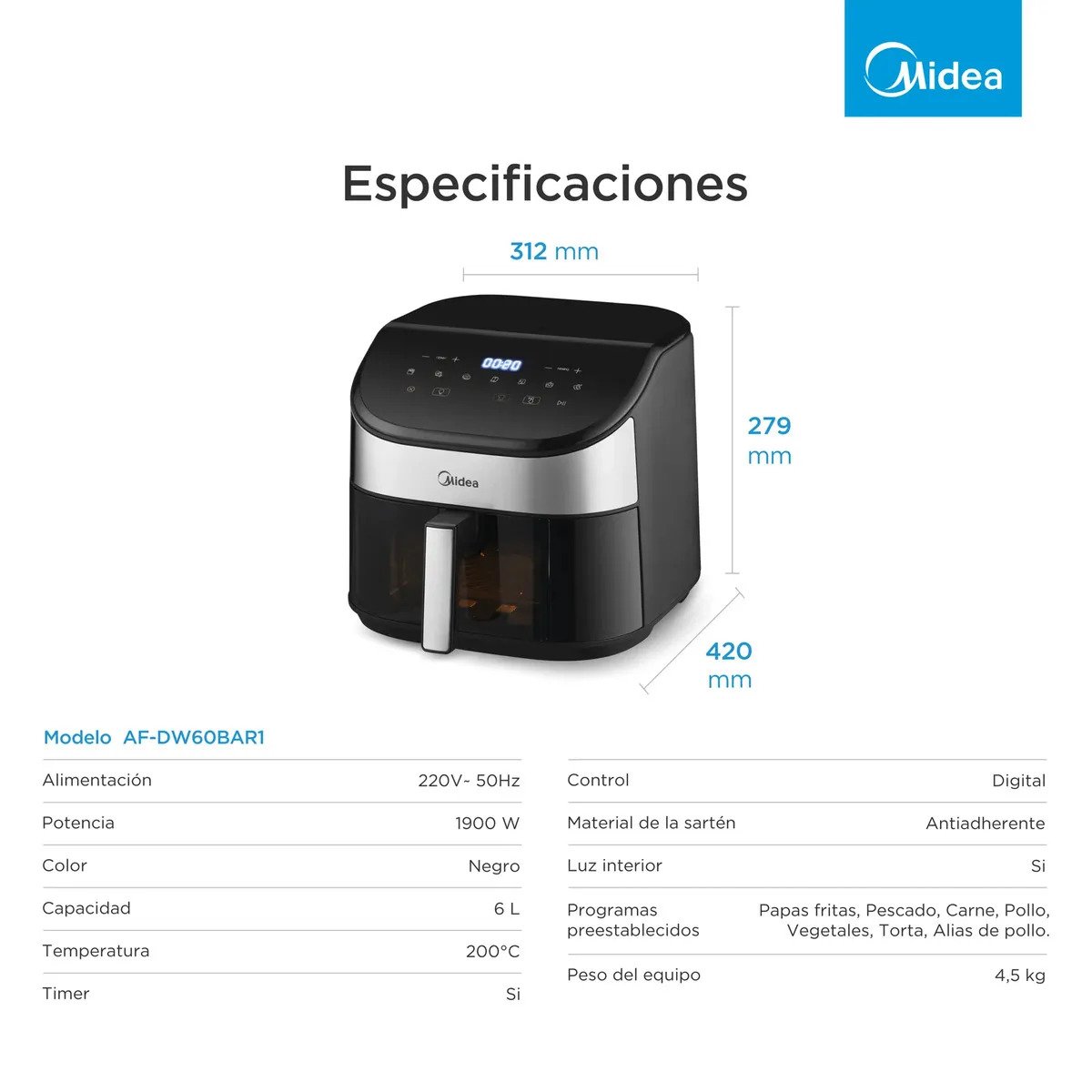 Freidora De Aire Midea Af-dw60bar1 6l Color Negro - Imagen 12
