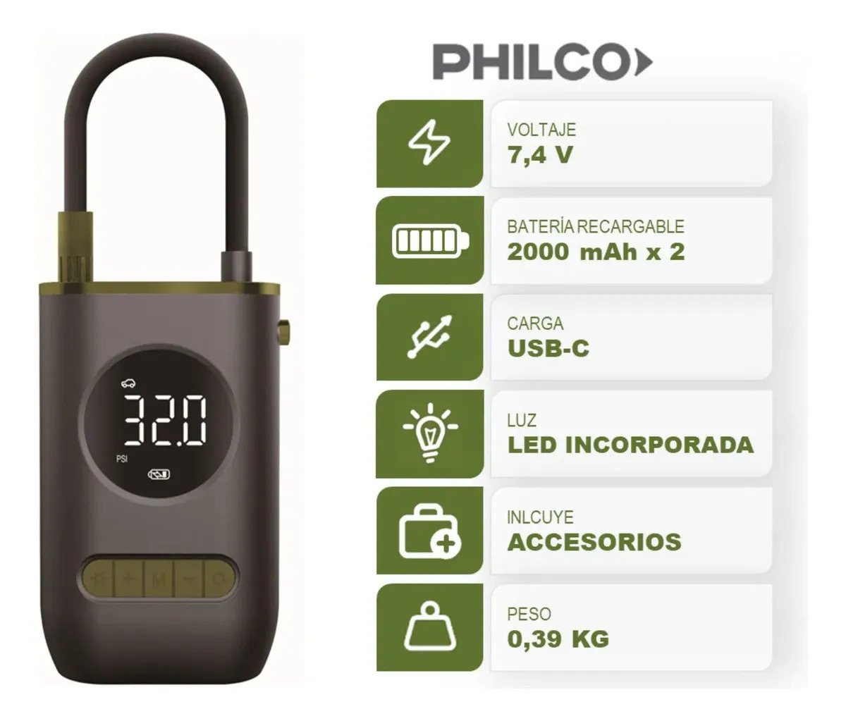 Inflador Inalámbrico Philco I151p Recargable Por Usb Compresor De Aire Portátil 150 Psi - Imagen 2