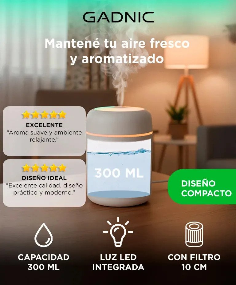 Humificador Gadnic Difusor Aromatico 300ml 2w Luz Led Usb Filtro 10cm Abs Pp Blanco - Imagen 2