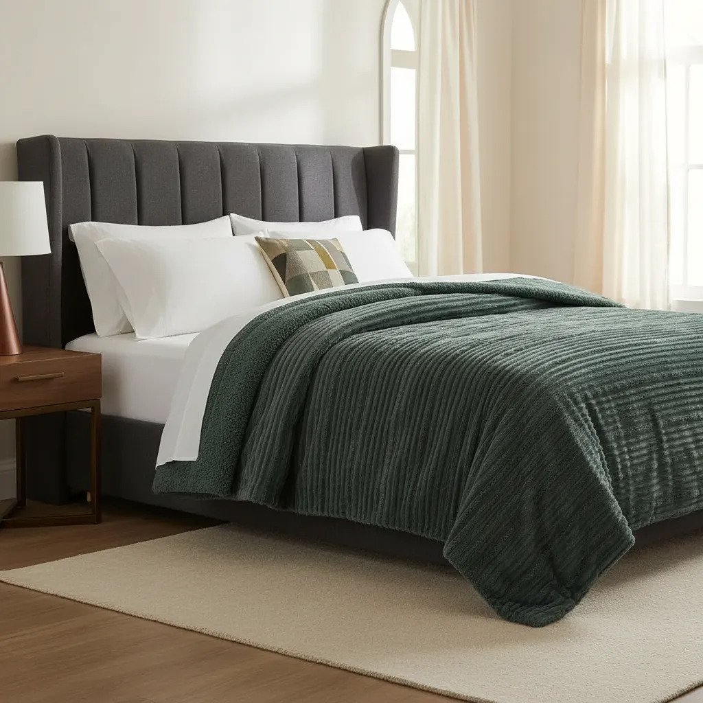 Edredón King Size Alcoyana Niza Jacquard Corderito 280x250cm Petroleo Flannel - Imagen 3