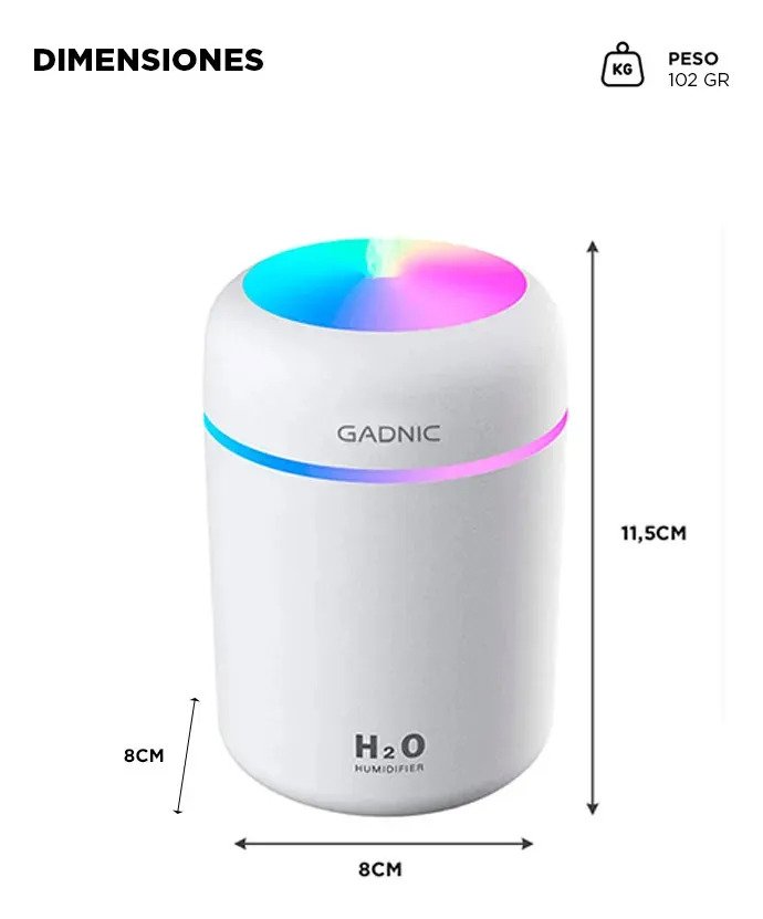 Humificador Gadnic Difusor Aromatico 300ml 2w Luz Led Usb Filtro 10cm Abs Pp Blanco - Imagen 5