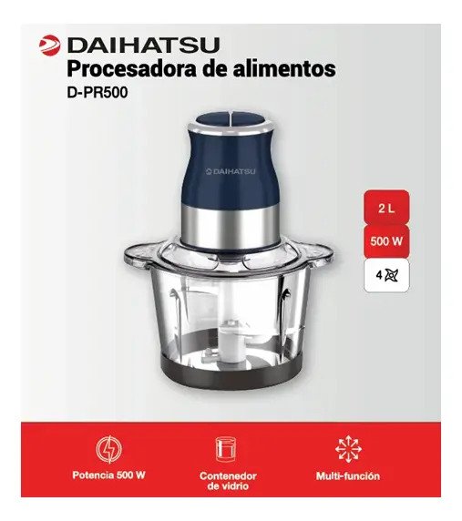 Picadora Procesadora Alimentos Bowl Vidrio 500w 2l Azul Oscuro - Imagen 2