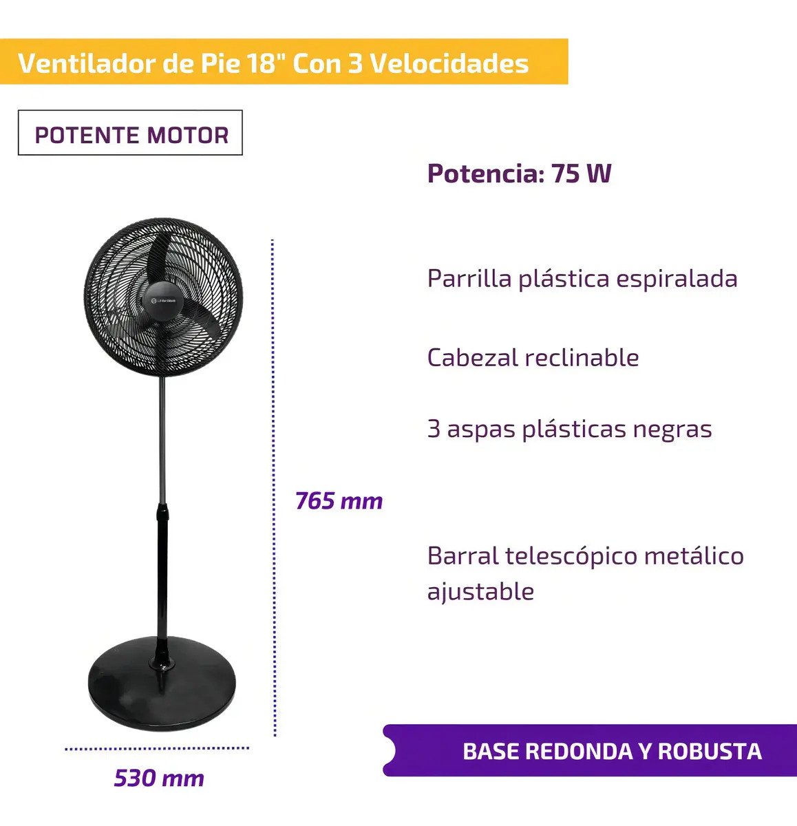 Ventilador De Pie Wbvp18k 18 75w Whitenblack 3 En 1 Estructura Negro Aspas Negro Diámetro 45 Cm Material De Las Aspas Plástico - Imagen 5